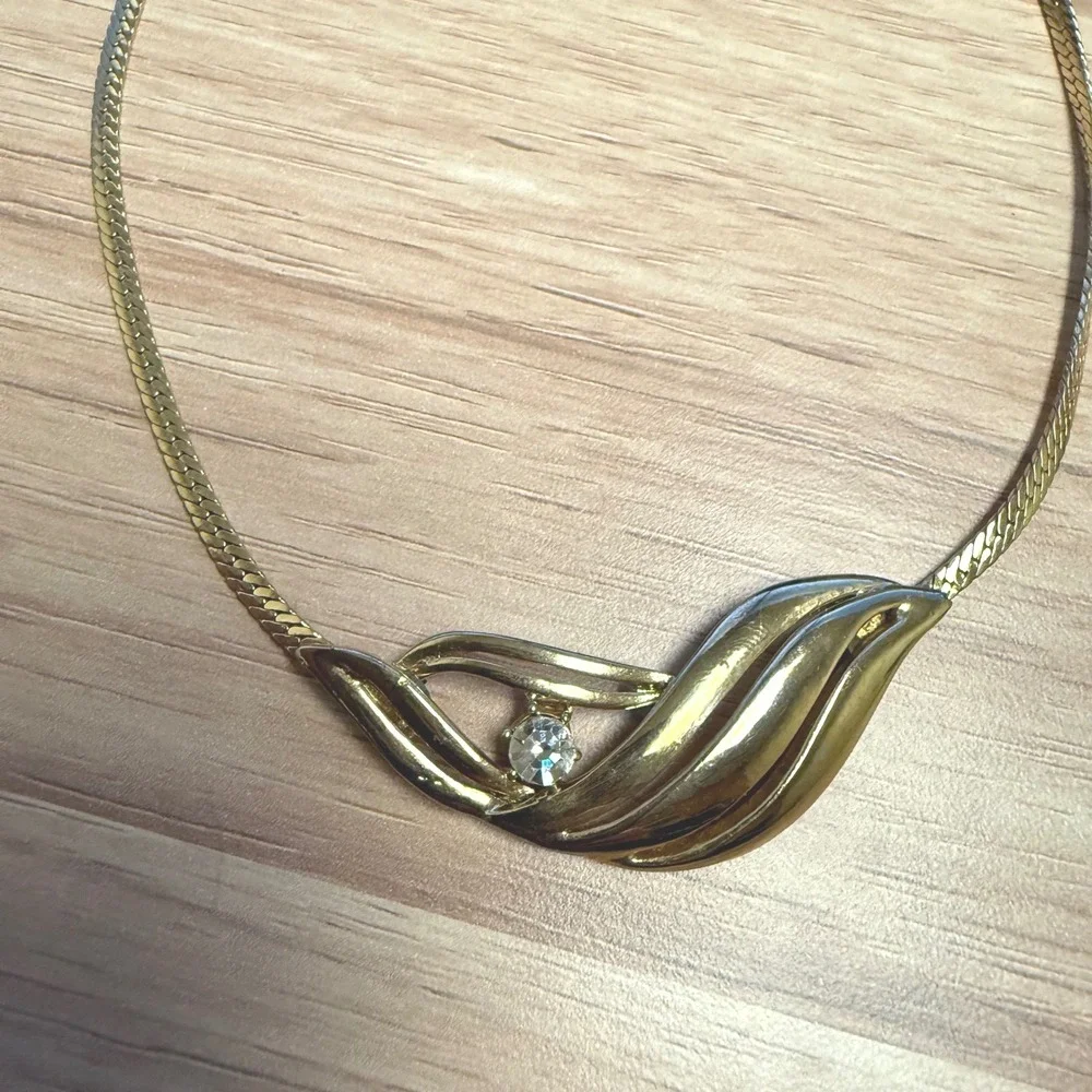 Gold Tone Curved‎ Wave Necklace Clear Rhinestone Vintage Inspired